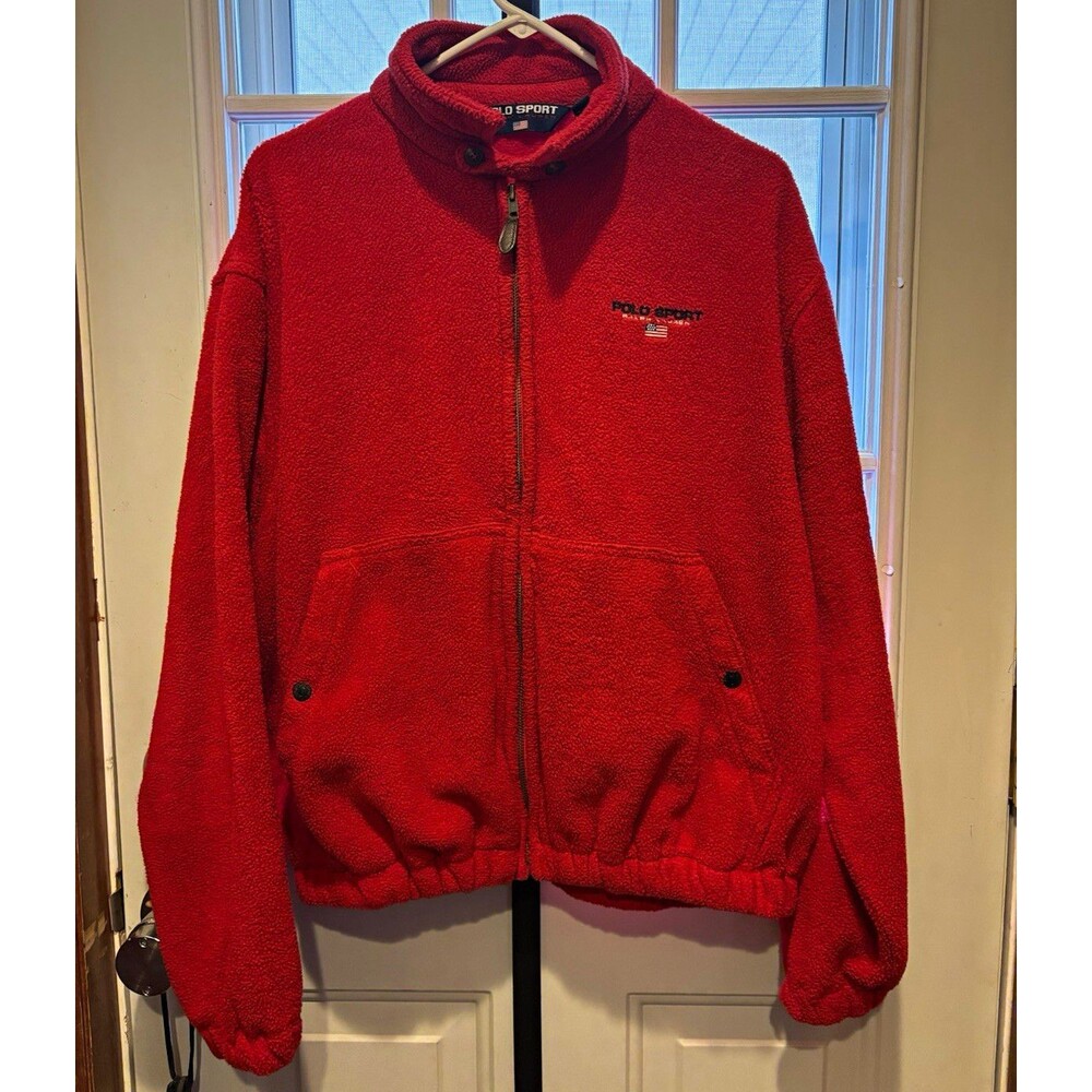 VINTAGE Polo Sport Ralph Lauren Zip-Up Fleece Size L w/ Pockets & Snap Collar